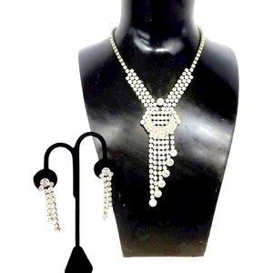 Dazzling Vintage Icy Rhinestone Cascading Bib Style Necklace & Clip Earrings Set